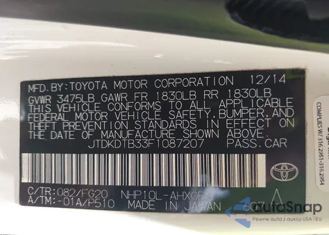 2015 Toyota Prius C Three z USA, uszkodzony, nr VIN JTDKDTB33F1087207